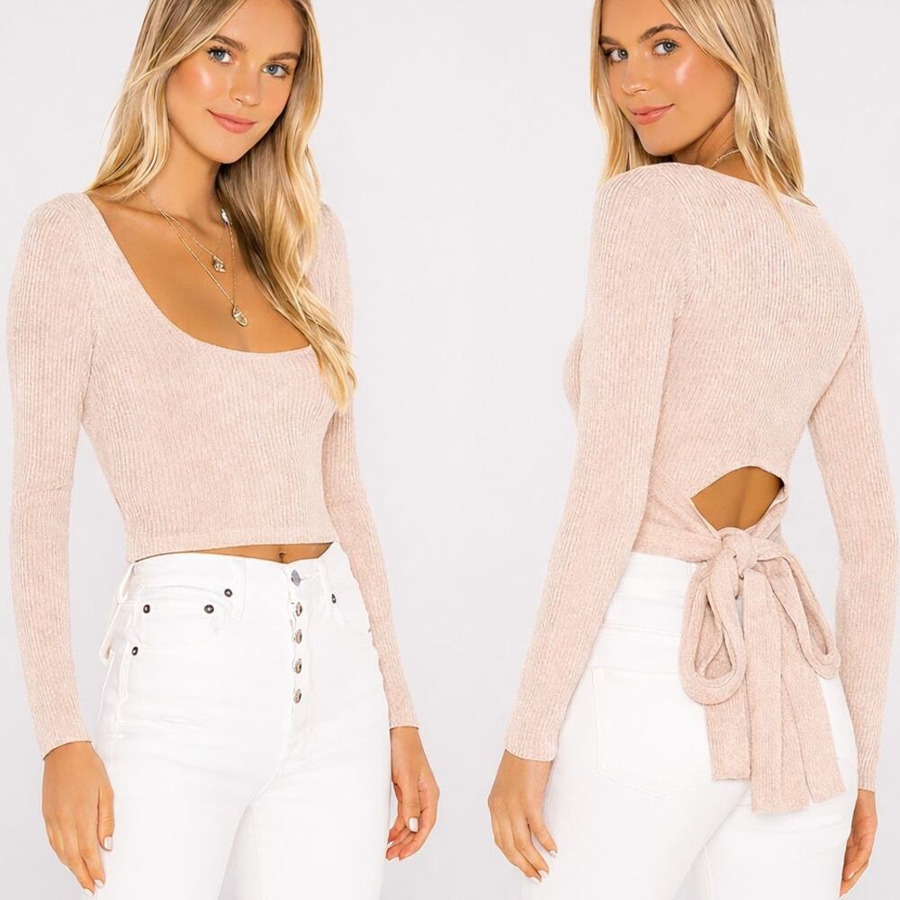 Majorelle Bicoastal Pink Blush Metallic Ribbed Tie Back Sweater Women's Medium